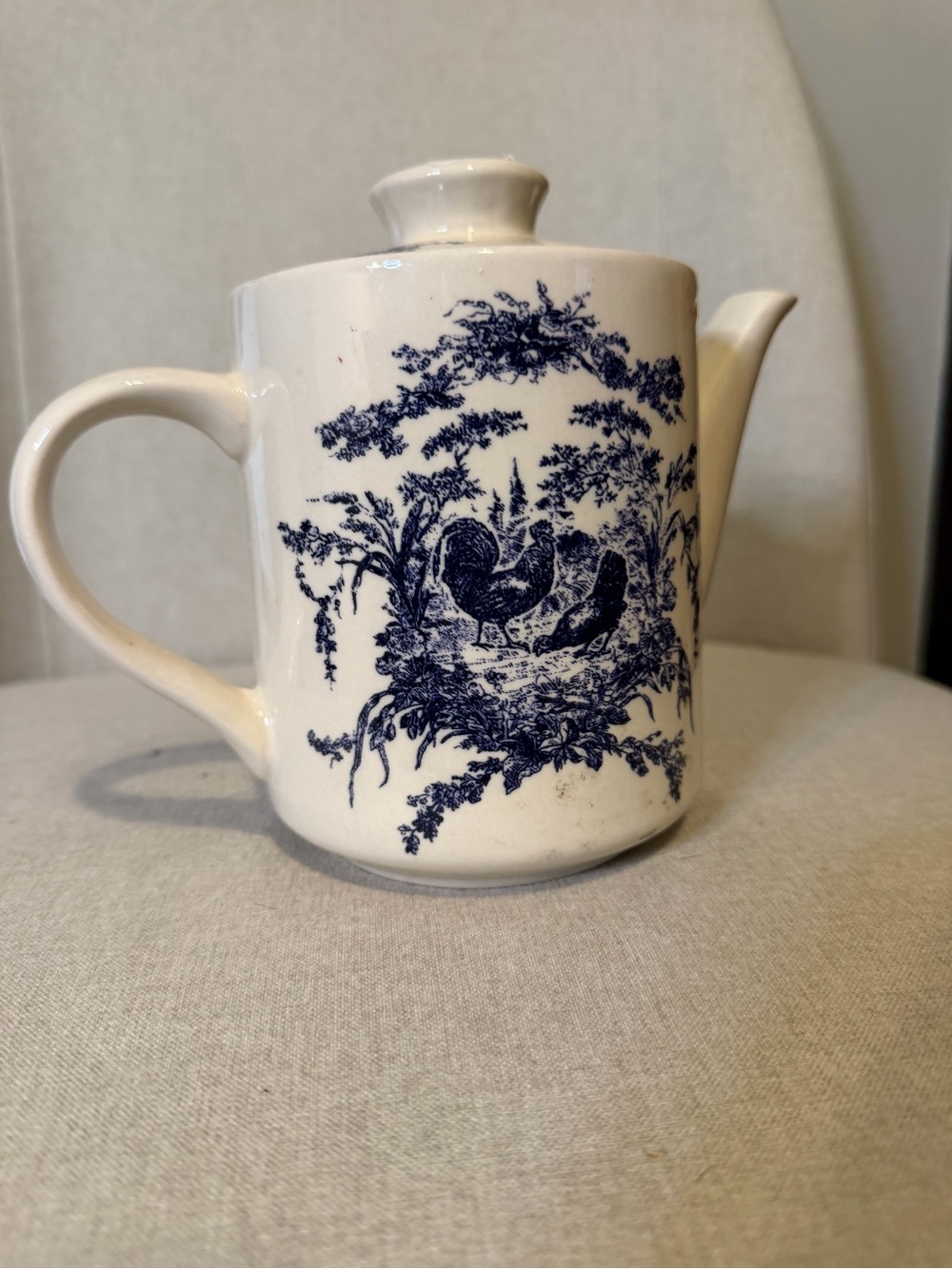 California Pantry Blue and White Ceramic Teapot with Rooster Scene
